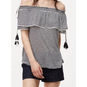 NWT Ann Taylor LOFT Black Ivory Striped Off The Shoulder Top Tassels Medium